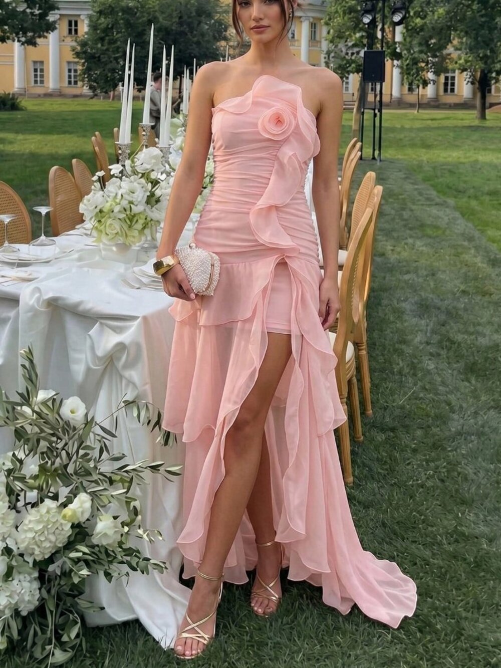 Baby Pink Elegant Strapless 3D Floral Ruffle Women's Evening Prom maxi Dress